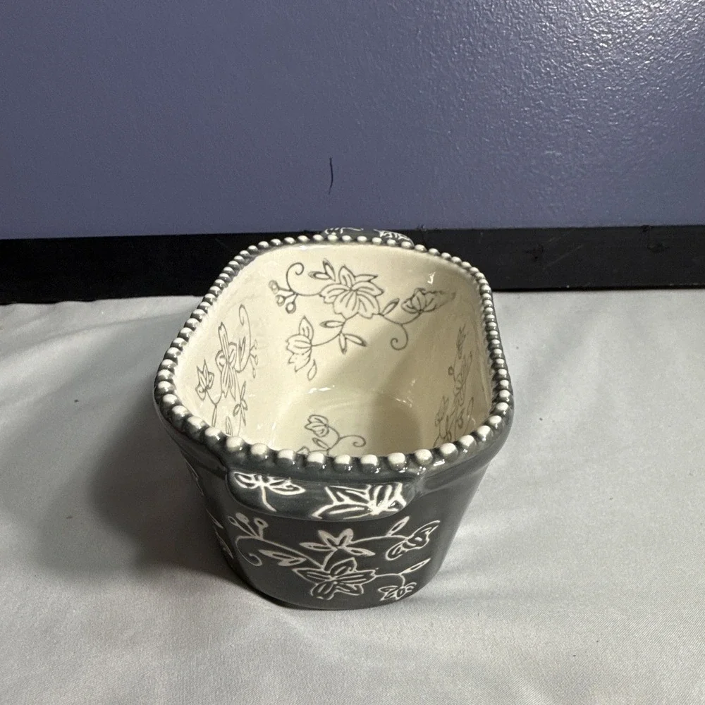 Temptations Floral Lace Ceramic Loaf Pan Gray/White 12 oz Oven Safe 450°F